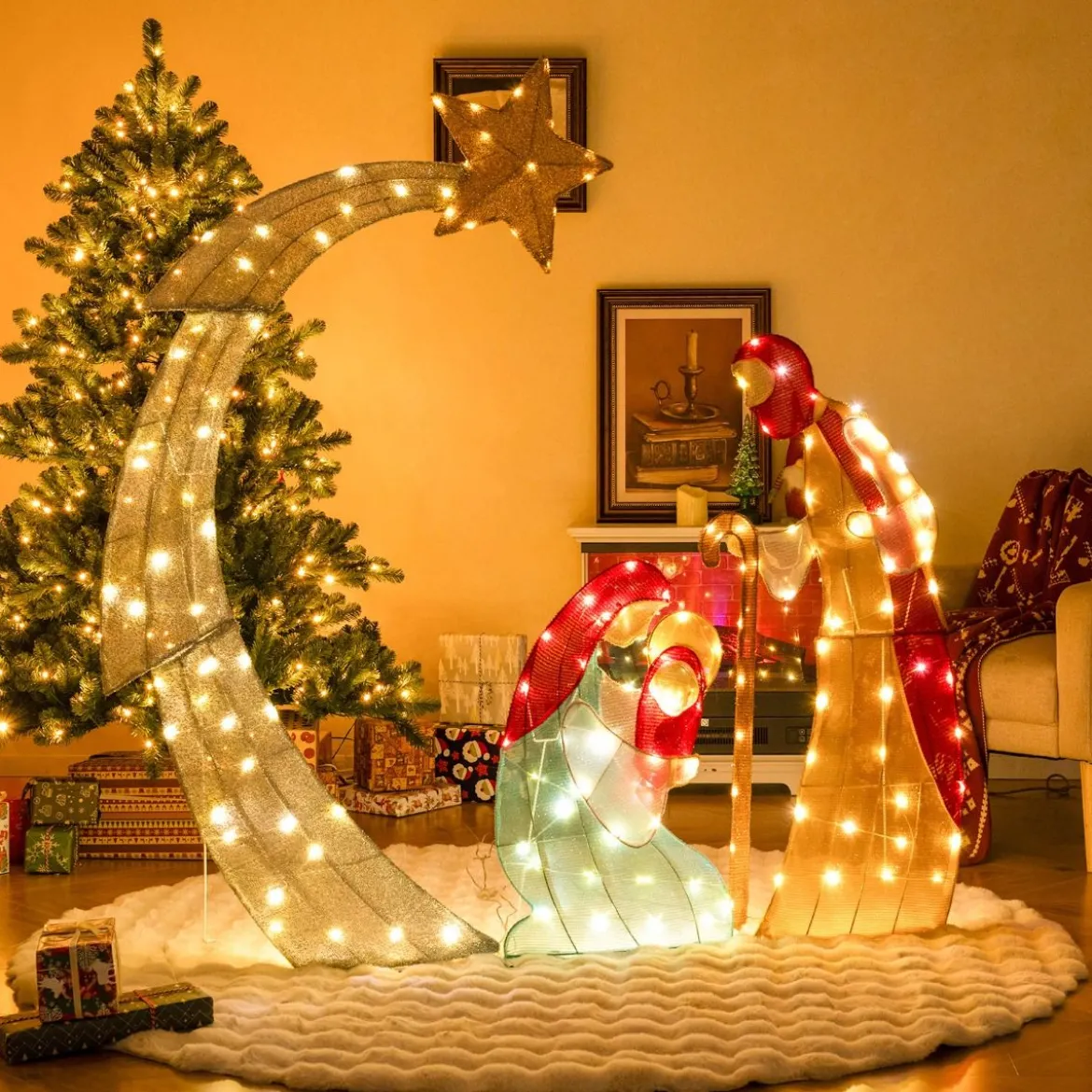 151 cm große Weihnachtskrippe Krippenszene mit 140 warmweißen LED-Lichtern