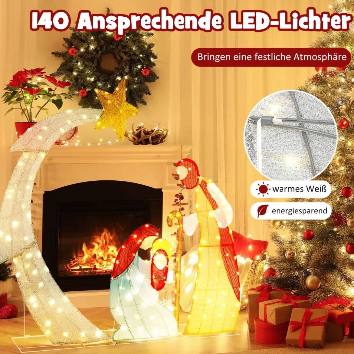 151 cm große Weihnachtskrippe Krippenszene mit 140 warmweißen LED-Lichtern