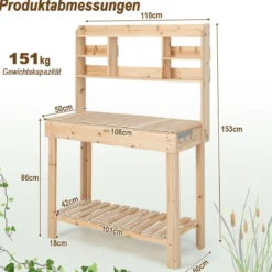 153cm Große Werkbank Gärtnertisch Pflanztisch aus Holz für Terrasse Garten Gewächshaus 150kg Belastbarkeit