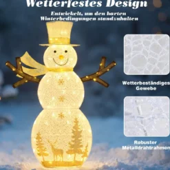 141 cm groß LED Schneemann Weihnachtsdeko mit 100 Warmweißen LED-Lichtern & Hut & Schal