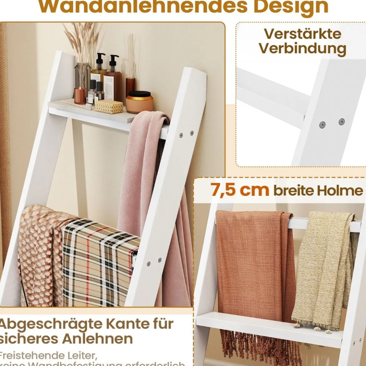 28cm Handtuchleiter mit Deckenhalterung 4-stufiger Handtuchständer Wandmontage Schwarz/Grau/Weiß