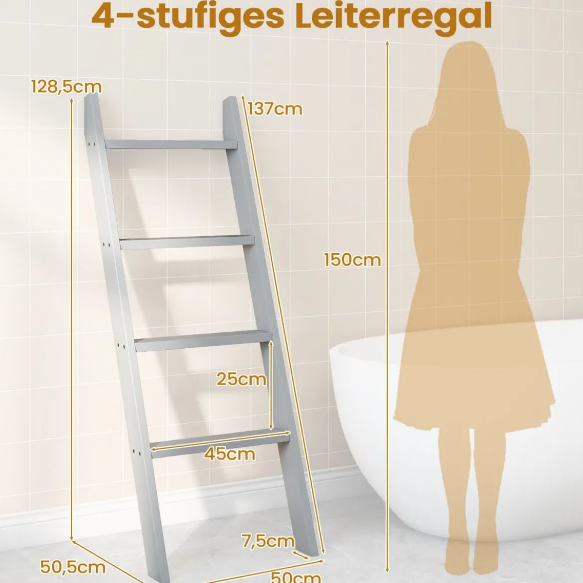 28cm Handtuchleiter mit Deckenhalterung 4-stufiger Handtuchständer Wandmontage Schwarz/Grau/Weiß