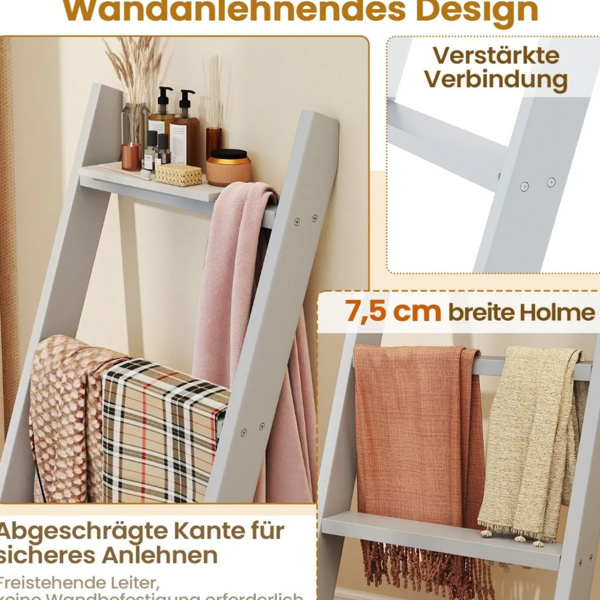 28cm Handtuchleiter mit Deckenhalterung 4-stufiger Handtuchständer Wandmontage Schwarz/Grau/Weiß