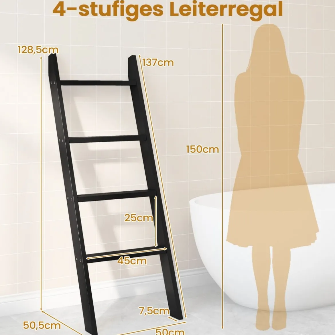 28cm Handtuchleiter mit Deckenhalterung 4-stufiger Handtuchständer Wandmontage Schwarz/Grau/Weiß
