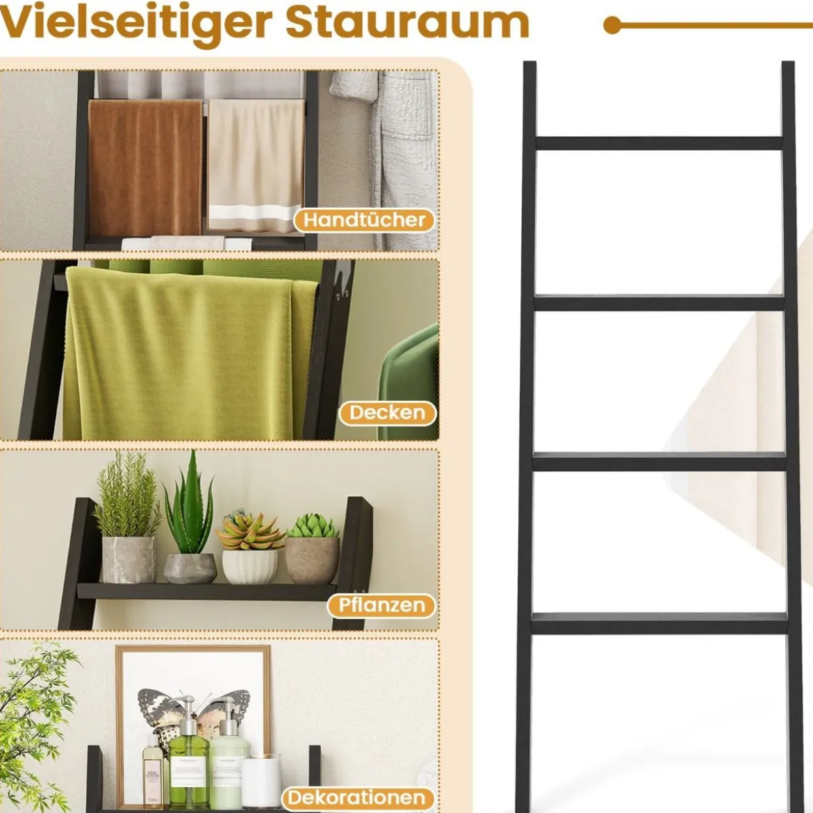 28cm Handtuchleiter mit Deckenhalterung 4-stufiger Handtuchständer Wandmontage Schwarz/Grau/Weiß