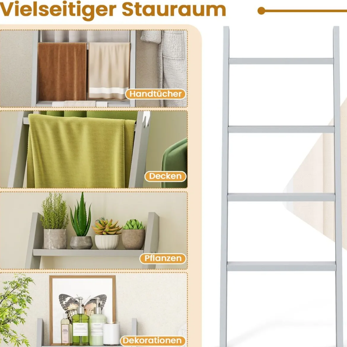 28cm Handtuchleiter mit Deckenhalterung 4-stufiger Handtuchständer Wandmontage Schwarz/Grau/Weiß