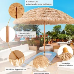 Ø205cm Hawaii Sonnenschirm Stroh Strandschirm Gartenschirm Strohschirm Terrassenschirm