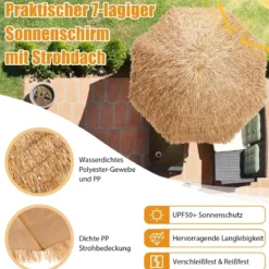 Ø205cm Hawaii Sonnenschirm Stroh Strandschirm Gartenschirm Strohschirm Terrassenschirm