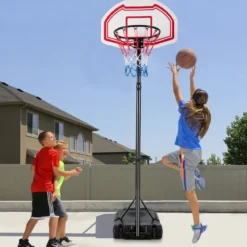 158-210 cm Höhenverstellbarer Basketballständer mit 2 Rädern & 2 Allwetternetz Korbanlag Weiß
