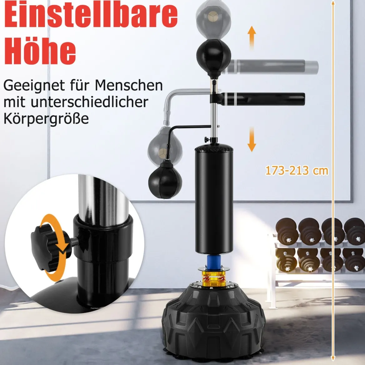 173-213 cm Höhenverstellbarer Boxsack Standboxsack 360 ° Reflexstange mit 2 Speedbällen