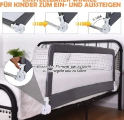 150cm Höhenverstellbares Bettschutzgitter mit Befestigungsgurt geeignet für Doppelmatratzen Grau