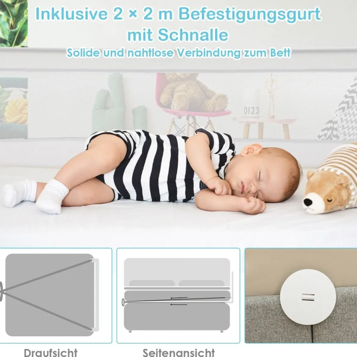 150cm Höhenverstellbares Bettschutzgitter mit Befestigungsgurt geeignet für Doppelmatratzen Weiß