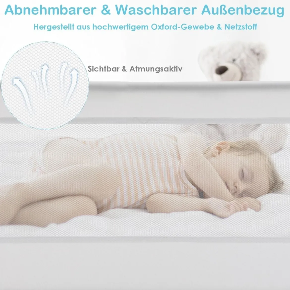 150cm Höhenverstellbares Bettschutzgitter mit Befestigungsgurt geeignet für Doppelmatratzen Weiß