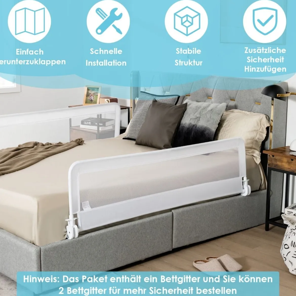 150cm Höhenverstellbares Bettschutzgitter mit Befestigungsgurt geeignet für Doppelmatratzen Weiß