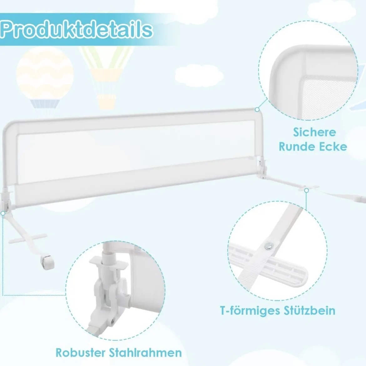 150cm Höhenverstellbares Bettschutzgitter mit Befestigungsgurt geeignet für Doppelmatratzen Weiß