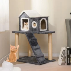 90 cm Hoch Kratzbaum mit Großer Höhle & Leiter & Sisalstämmen Katzenbaum Kletterbaum Grau