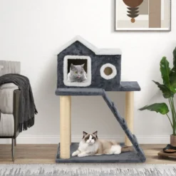 90 cm Hoch Kratzbaum mit Großer Höhle & Leiter & Sisalstämmen Katzenbaum Kletterbaum Grau