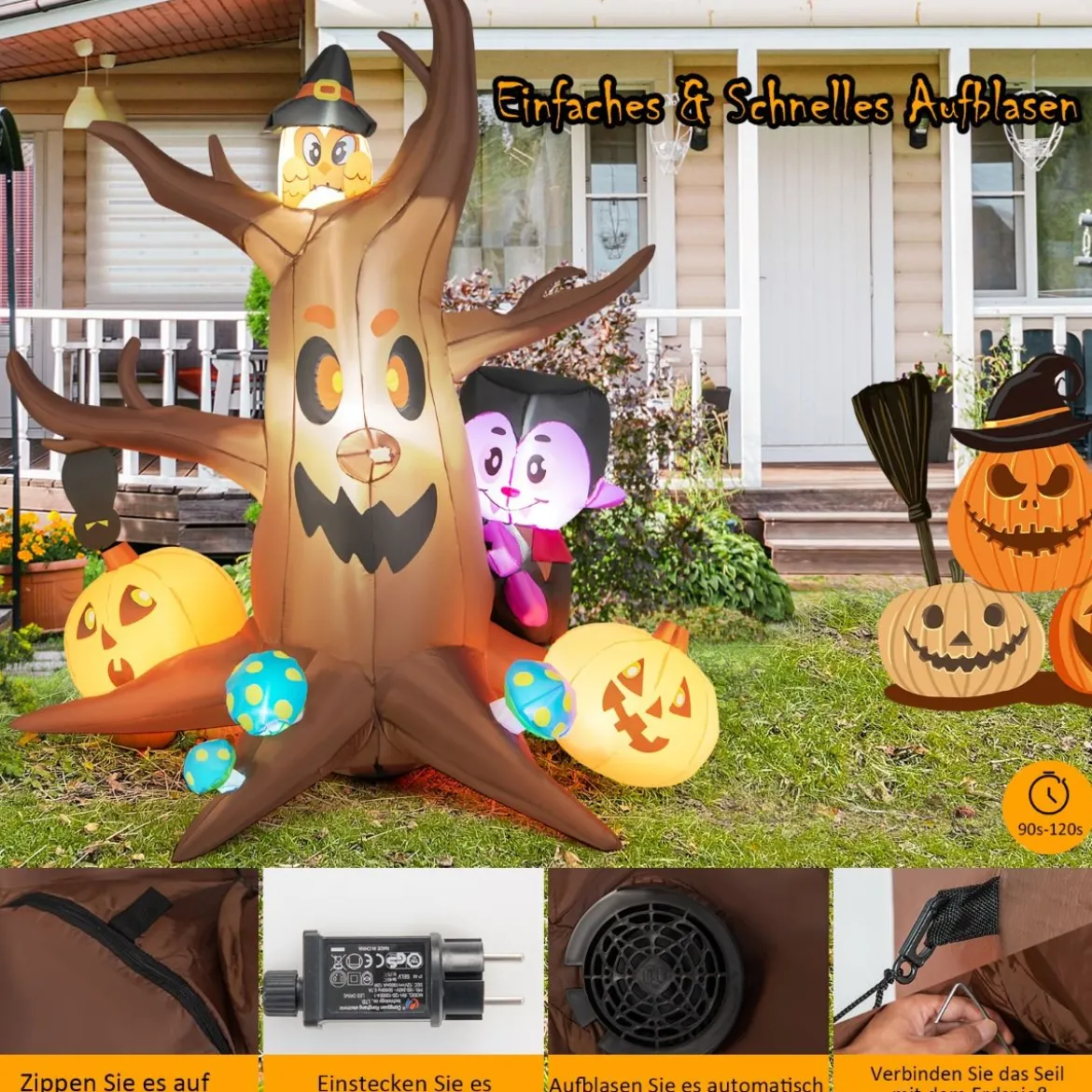 180 cm hoher Aufblasbarer toter Halloween-Baum mit Kürbis Geisterbaum mit LED-Lichtern