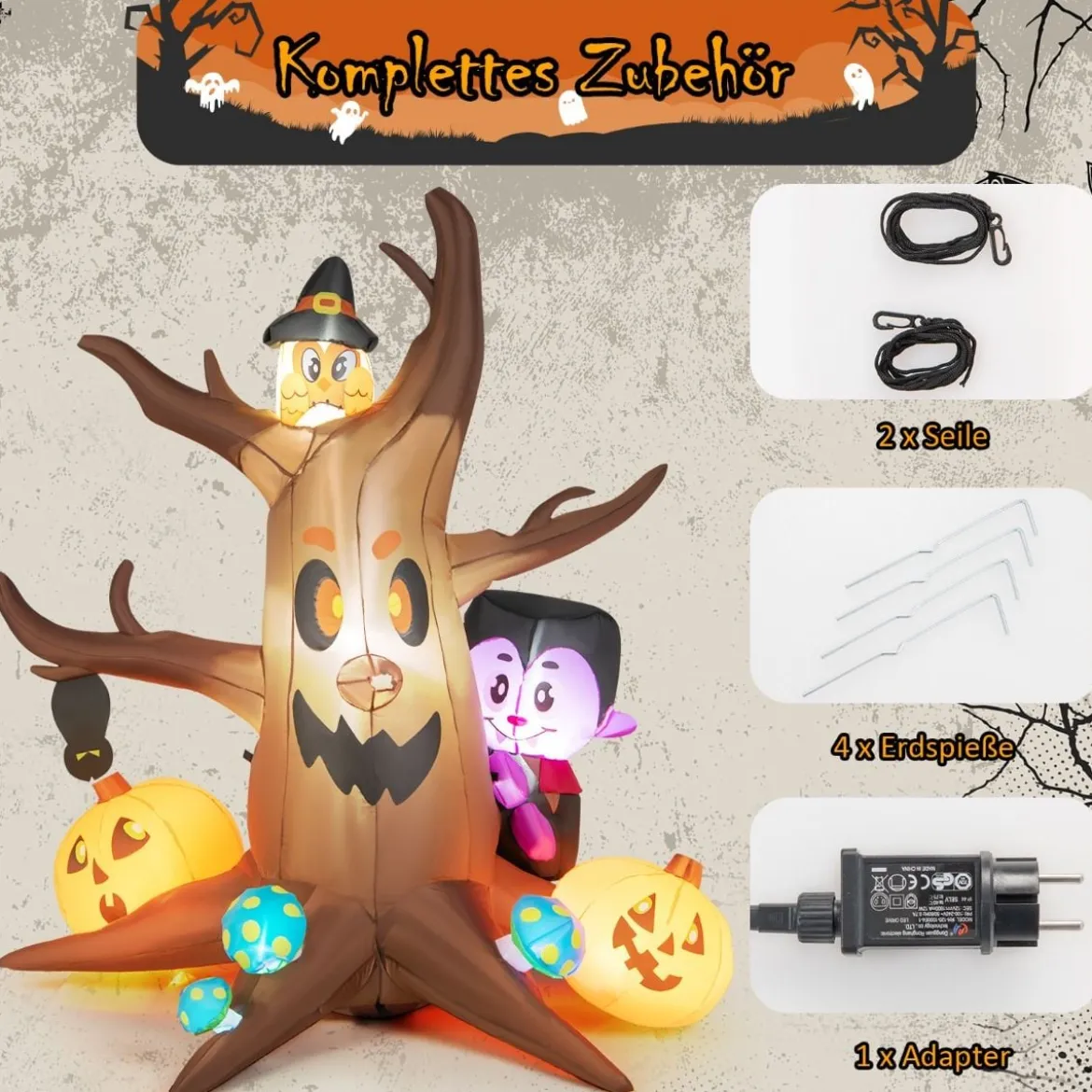 180 cm hoher Aufblasbarer toter Halloween-Baum mit Kürbis Geisterbaum mit LED-Lichtern