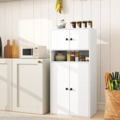 111 cm Hoher Bücherschrank mit 4 Türen 4-stöckiger Aufbewahrungsorganizer mit Verstellbarem Regal Weiß