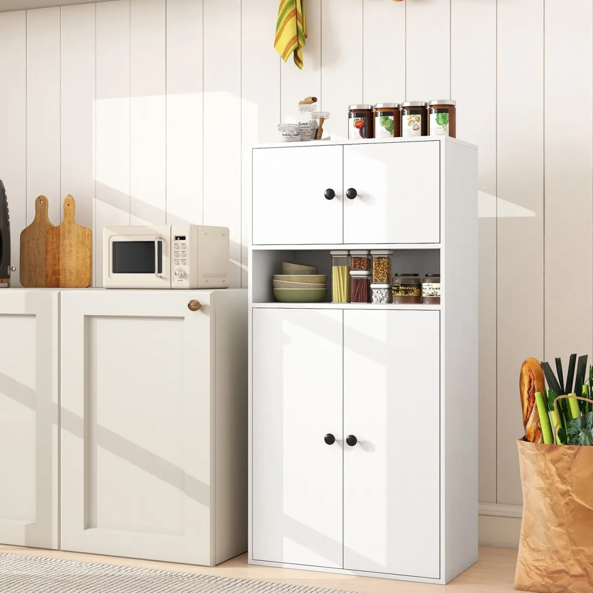 111 cm Hoher Bücherschrank mit 4 Türen 4-stöckiger Aufbewahrungsorganizer mit Verstellbarem Regal Weiß