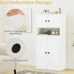 111 cm Hoher Bücherschrank mit 4 Türen 4-stöckiger Aufbewahrungsorganizer mit Verstellbarem Regal Weiß