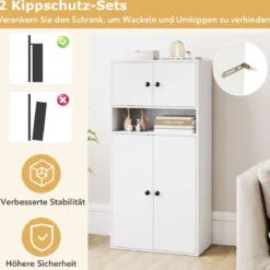 111 cm Hoher Bücherschrank mit 4 Türen 4-stöckiger Aufbewahrungsorganizer mit Verstellbarem Regal Weiß