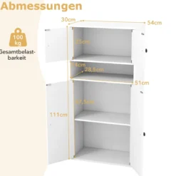 111 cm Hoher Bücherschrank mit 4 Türen 4-stöckiger Aufbewahrungsorganizer mit Verstellbarem Regal Weiß