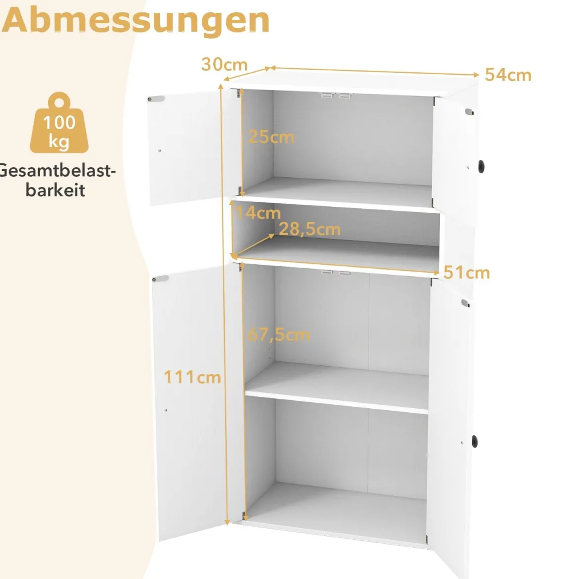 111 cm Hoher Bücherschrank mit 4 Türen 4-stöckiger Aufbewahrungsorganizer mit Verstellbarem Regal Weiß