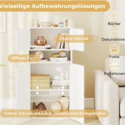 111 cm Hoher Bücherschrank mit 4 Türen 4-stöckiger Aufbewahrungsorganizer mit Verstellbarem Regal Weiß