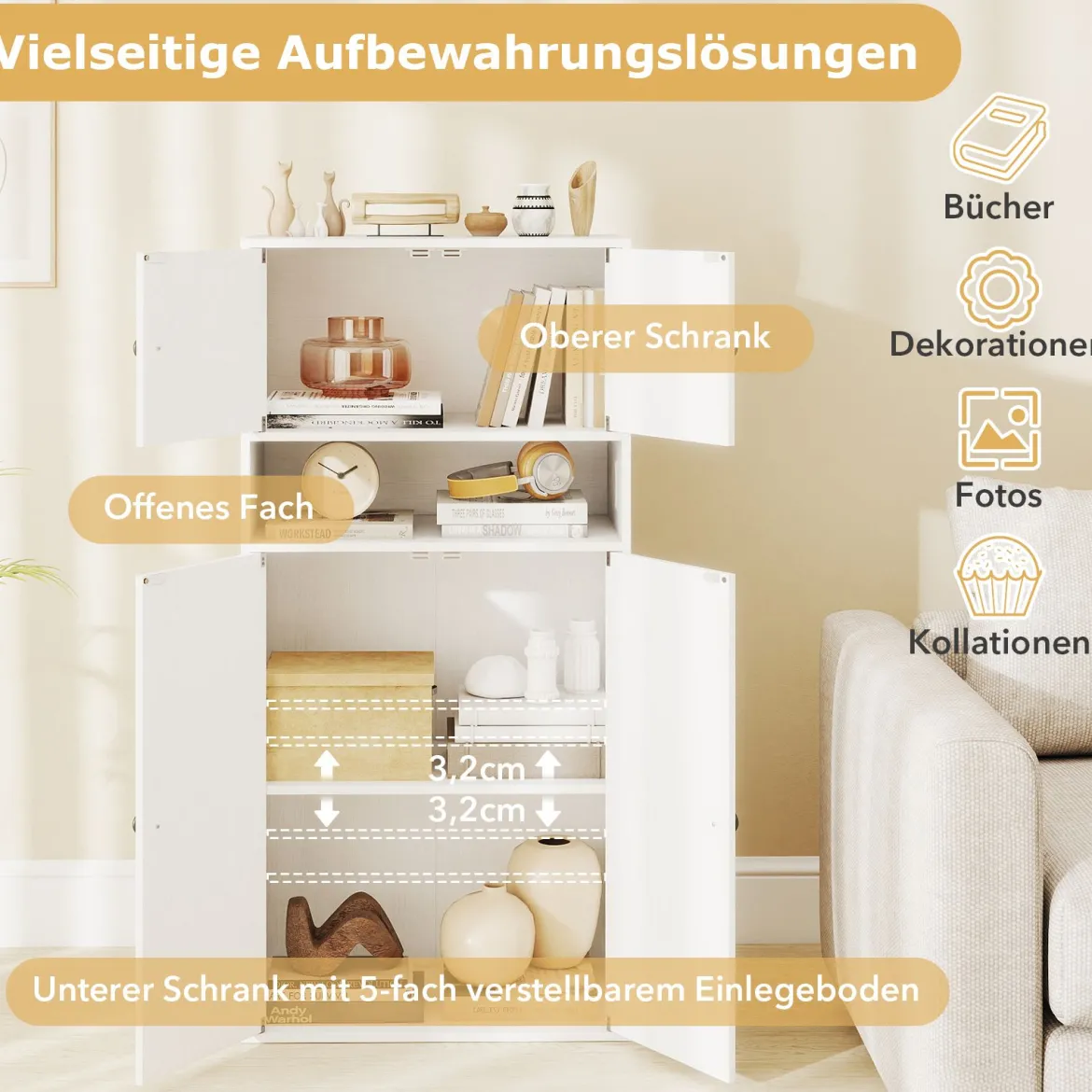 111 cm Hoher Bücherschrank mit 4 Türen 4-stöckiger Aufbewahrungsorganizer mit Verstellbarem Regal Weiß