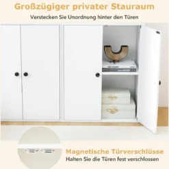 111 cm Hoher Bücherschrank mit 4 Türen 4-stöckiger Aufbewahrungsorganizer mit Verstellbarem Regal Weiß