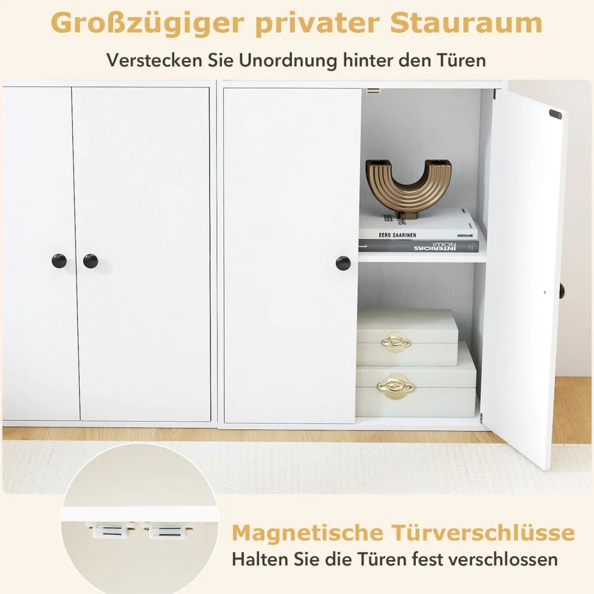 111 cm Hoher Bücherschrank mit 4 Türen 4-stöckiger Aufbewahrungsorganizer mit Verstellbarem Regal Weiß