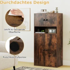 111 cm Hoher Bücherschrank mit 4 Türen 4-stöckiger Aufbewahrungsorganizer mit Verstellbarem Regal Rustikal Braun