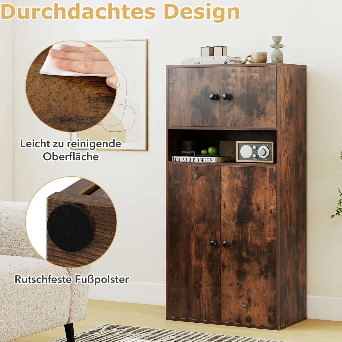 111 cm Hoher Bücherschrank mit 4 Türen 4-stöckiger Aufbewahrungsorganizer mit Verstellbarem Regal Rustikal Braun