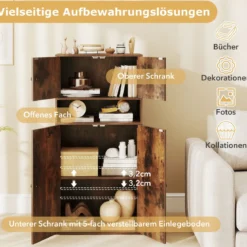 111 cm Hoher Bücherschrank mit 4 Türen 4-stöckiger Aufbewahrungsorganizer mit Verstellbarem Regal Rustikal Braun