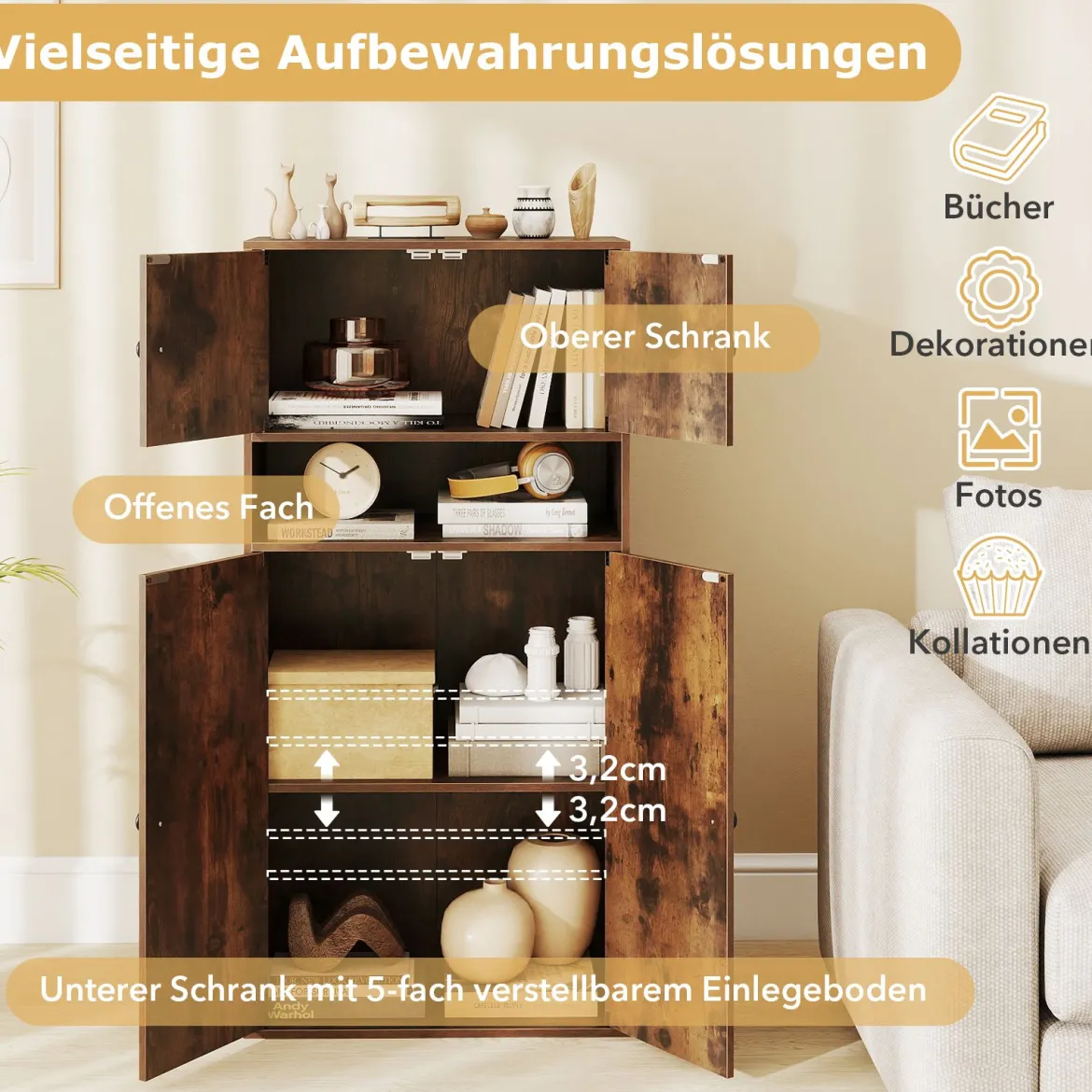 111 cm Hoher Bücherschrank mit 4 Türen 4-stöckiger Aufbewahrungsorganizer mit Verstellbarem Regal Rustikal Braun