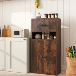 111 cm Hoher Bücherschrank mit 4 Türen 4-stöckiger Aufbewahrungsorganizer mit Verstellbarem Regal Rustikal Braun