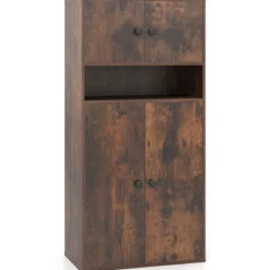111 cm Hoher Bücherschrank mit 4 Türen 4-stöckiger Aufbewahrungsorganizer mit Verstellbarem Regal Rustikal Braun