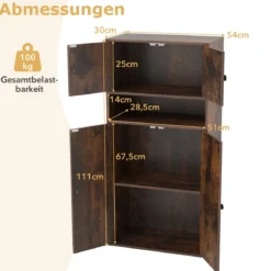 111 cm Hoher Bücherschrank mit 4 Türen 4-stöckiger Aufbewahrungsorganizer mit Verstellbarem Regal Rustikal Braun