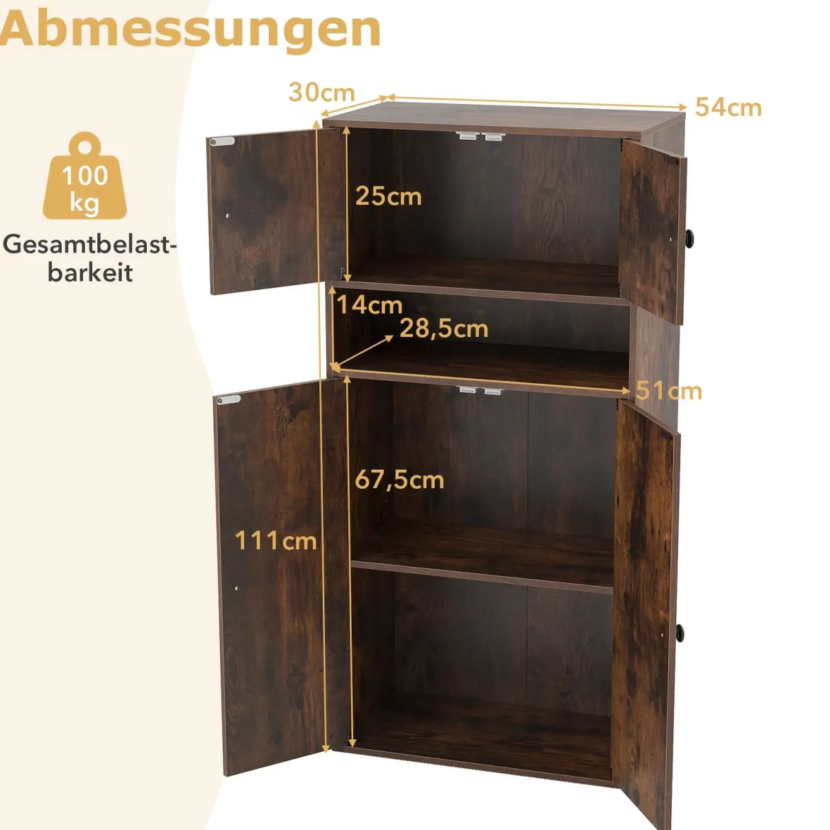 111 cm Hoher Bücherschrank mit 4 Türen 4-stöckiger Aufbewahrungsorganizer mit Verstellbarem Regal Rustikal Braun
