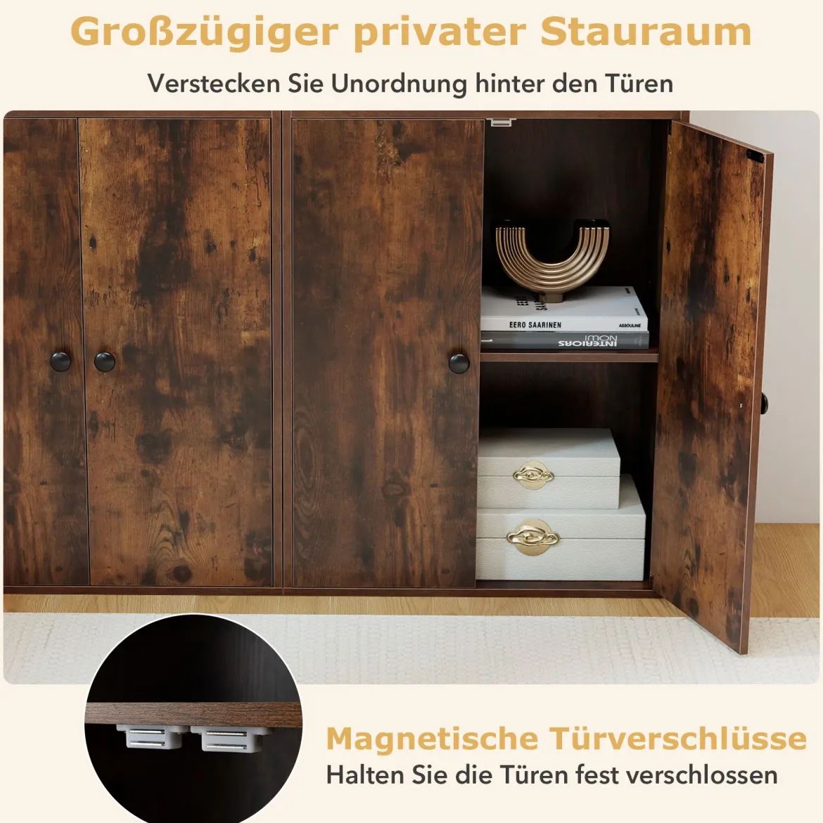 111 cm Hoher Bücherschrank mit 4 Türen 4-stöckiger Aufbewahrungsorganizer mit Verstellbarem Regal Rustikal Braun