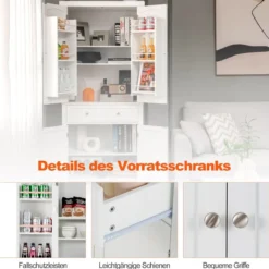 183 cm Hoher Freistehender Küchenschrank mit 4 Türen 76,5 x 40 x 183 cm Weiß