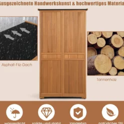 160 cm hoher Gartengeräteschrank aus Massivholz mit 3 herausnehmbaren Regalen & wetterfestem Asphaltdach