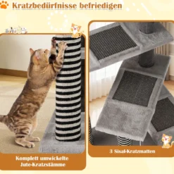 93 cm hoher Katzenbaum 5-stufige Kletterturm mit Sisal- & Jute-Kratzpfosten & -Matten Katzentreppe Grau