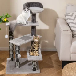 93 cm hoher Katzenbaum 5-stufige Kletterturm mit Sisal- & Jute-Kratzpfosten & -Matten Katzentreppe Grau