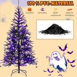 183 cm hoher künstlicher Halloween-Baum Feiertagsbaum mit LED-Leuchten und Schmuck Schwarz