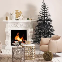 183 cm hoher künstlicher Halloween-Baum Feiertagsbaum mit LED-Leuchten und Schmuck Schwarz