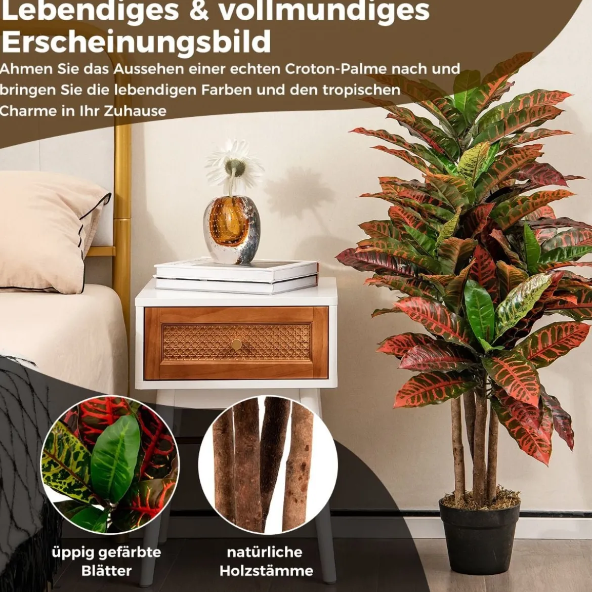 100 cm Hoher Künstlicher Kroton-Palmenbaum mit Farbenfrohen Panaschierten Blättern