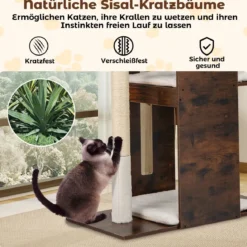 120 cm hoher Kratzbaum Holz Katzenkratzbaum mit Sisal-Kratzpfosten & hängenden Bällen Katzenbaum Rustikales Braun
